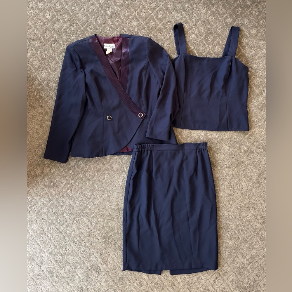 Karen Miller Vintage Elegant Navy Blue Classy Modest 3 Piece Skirt Set 14
